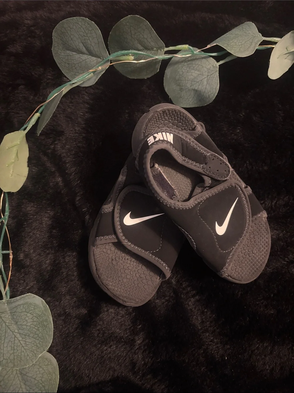 Nike Kids Black Sandals with White Swoosh